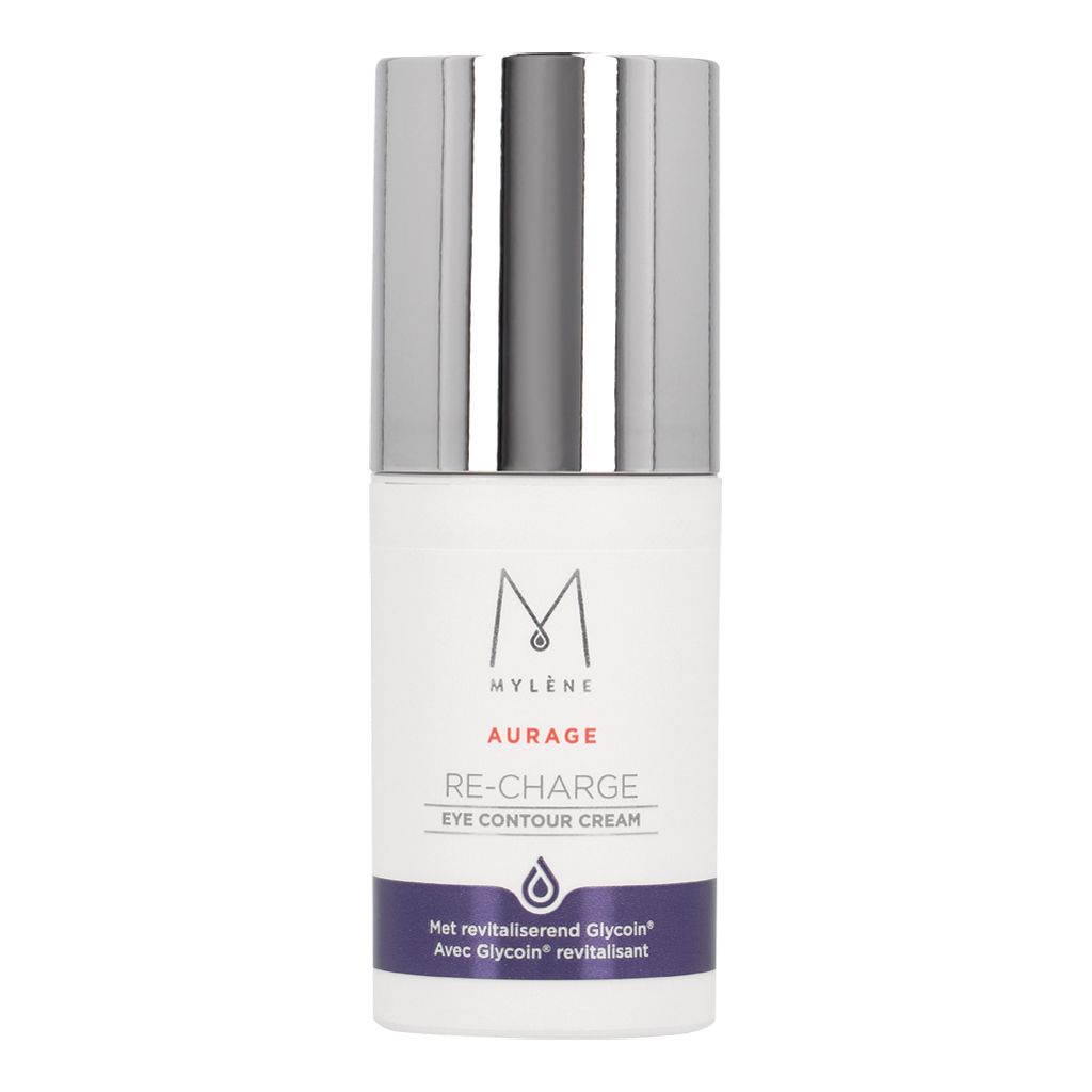 Crème contour des yeux Mylène Aurage Re-Charge Nuit dans un flacon blanc avec un capuchon argenté.
