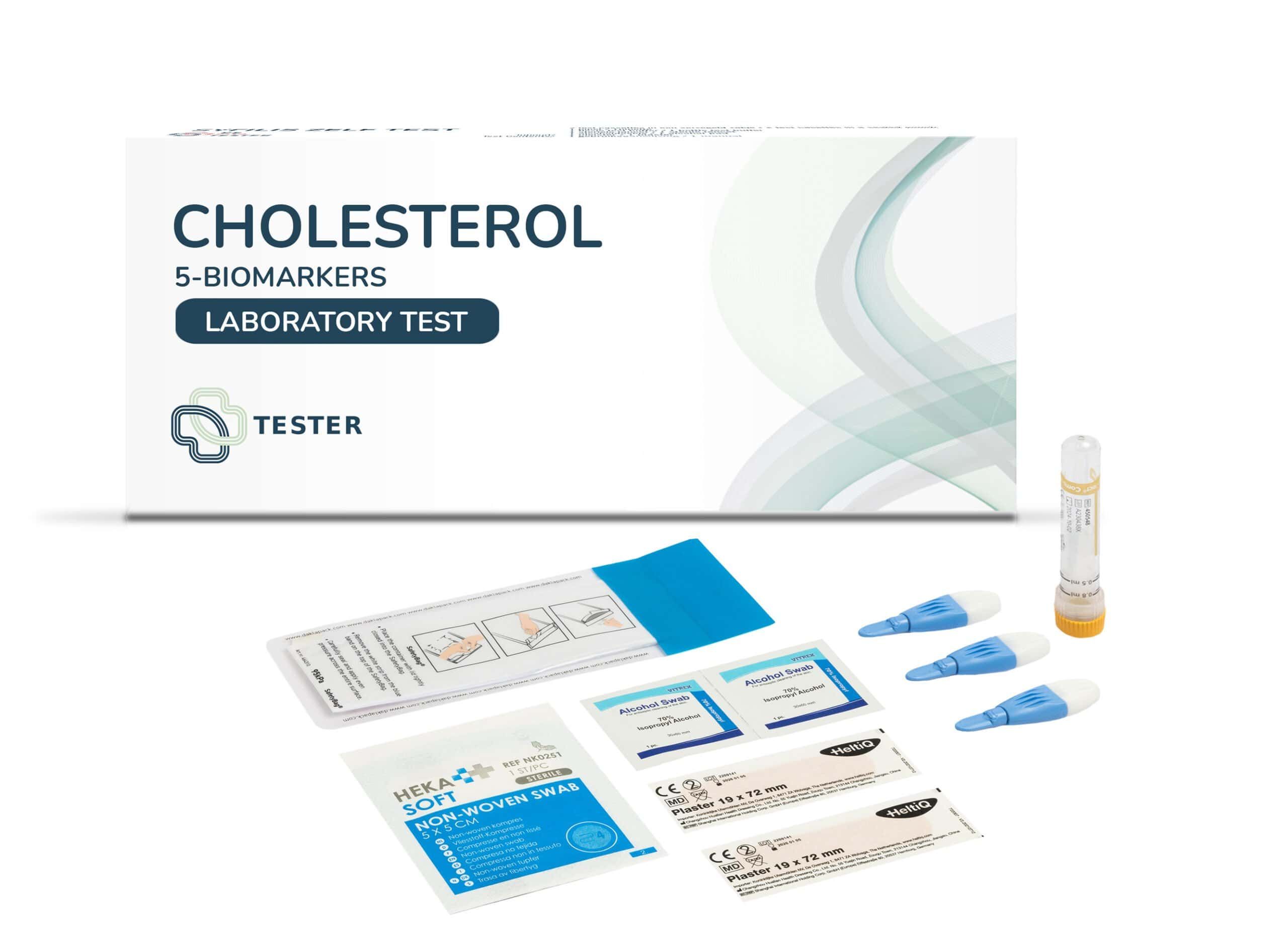 Test de laboratoire 5 biomarqueurs cholestérol par Tester. Comprend cassette, lancettes, lingettes alcoolisées et instructions.