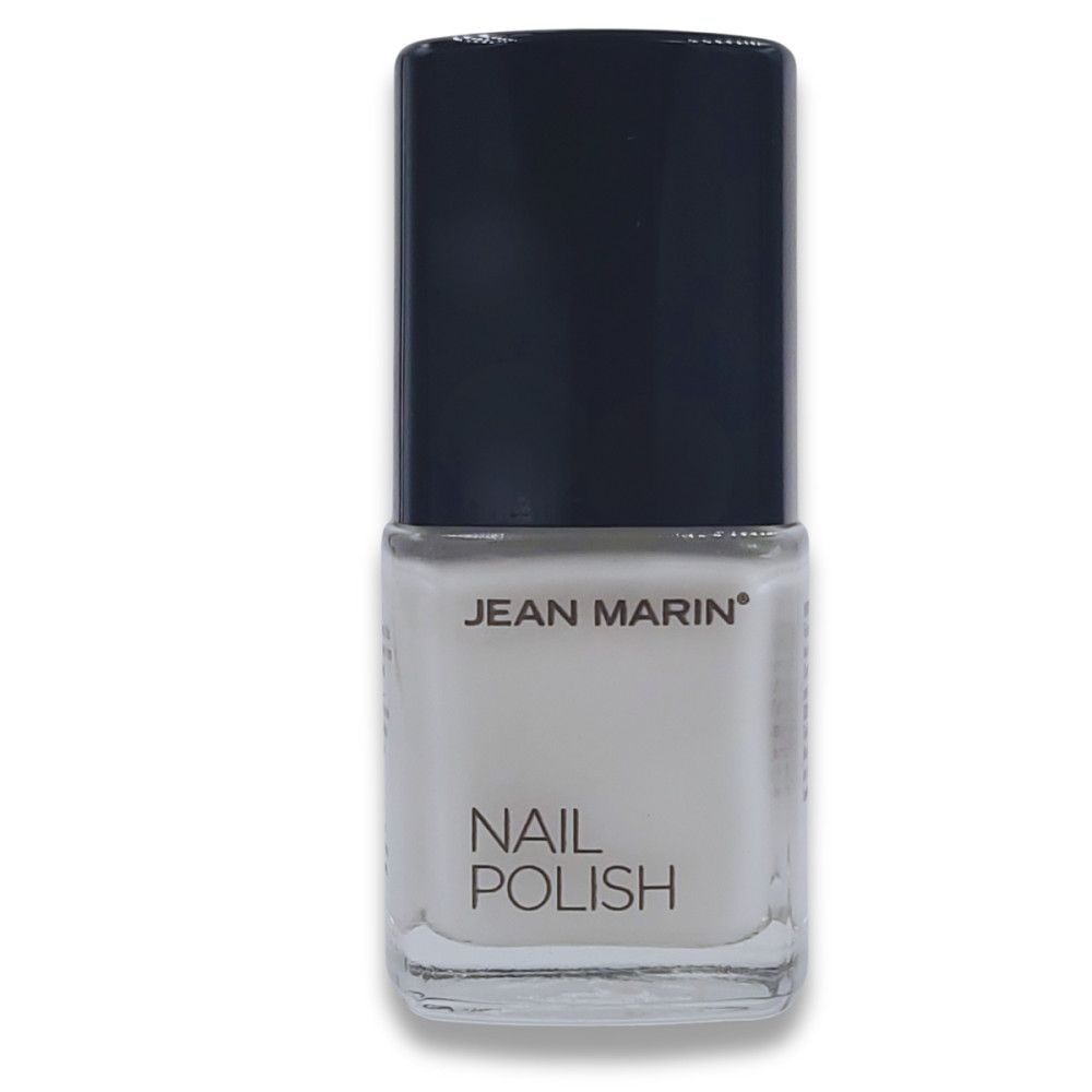 Flacon de vernis à ongles avec contenu blanc et bouchon noir. Inscription : JEAN MARIN et NAIL POLISH.