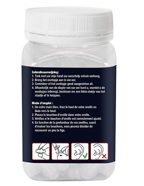 Achterkant pot met gebruiksaanwijzing en pictogrammen. Tekst: Gebruiksaanwijzing, Mode d'emploi. CE-markering.