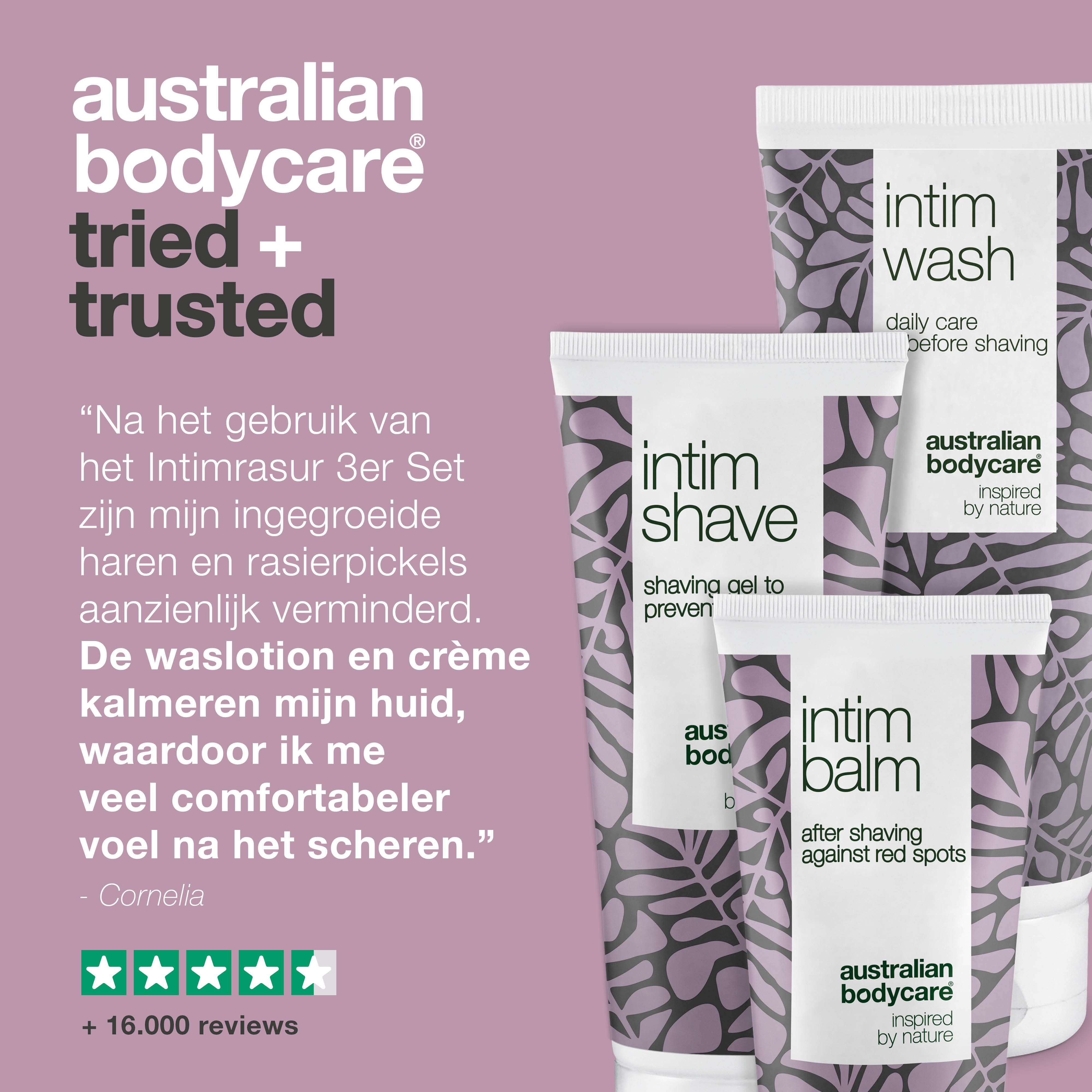 Australian Bodycare Intimrasur set: Intim Wash, Intim Balm, Intim Shave. Tekst en logo's.