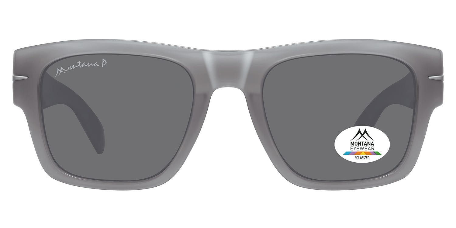 Lunettes de soleil grises à verres carrés. Logo Montana Eyewear et autocollant Polarized. Finition mate.