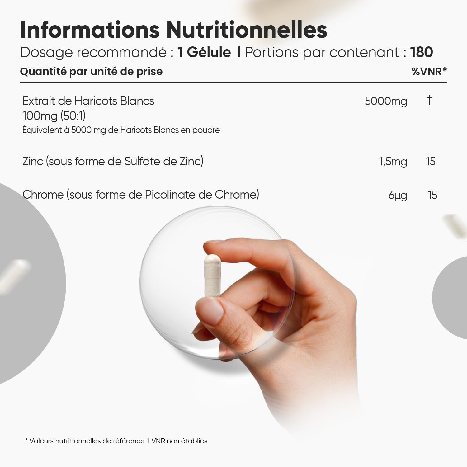 Une main tient une capsule blanche. Les informations nutritionnelles indiquent des extraits, du zinc et du chrome.