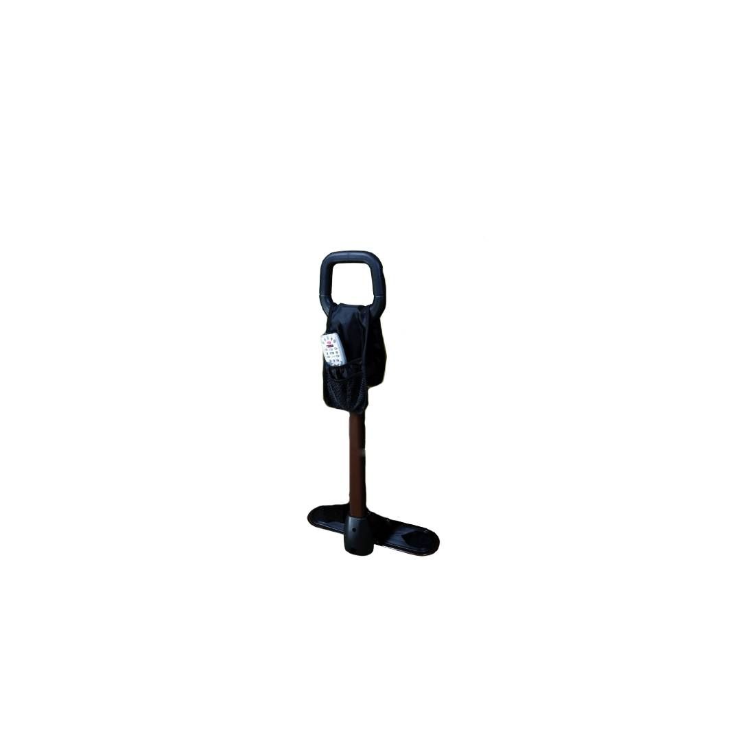 Aide au lever réglable. Poignée noire, tige marron, base noire. Avec poche.