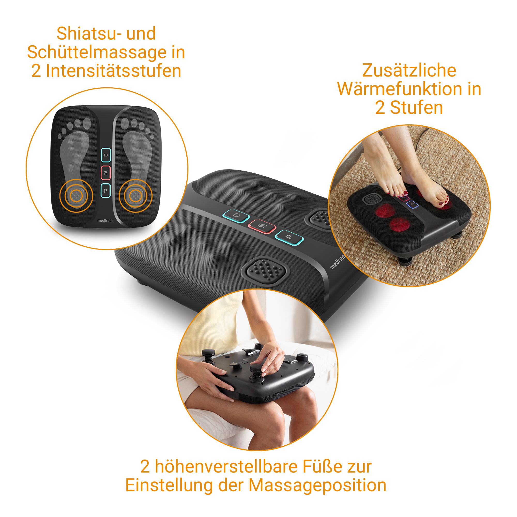 Appareil de massage des pieds avec massage Shiatsu et secouant, fonction chauffante, pieds réglables.