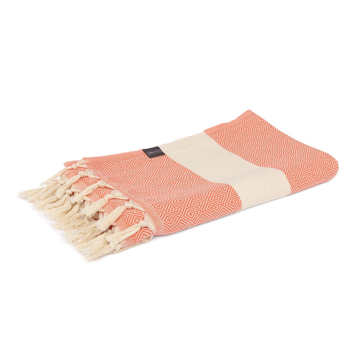 Hamamdoek, rood-oranje/natuur, met franjes. Katoen. Geometrisch patroon. Rechthoekig.