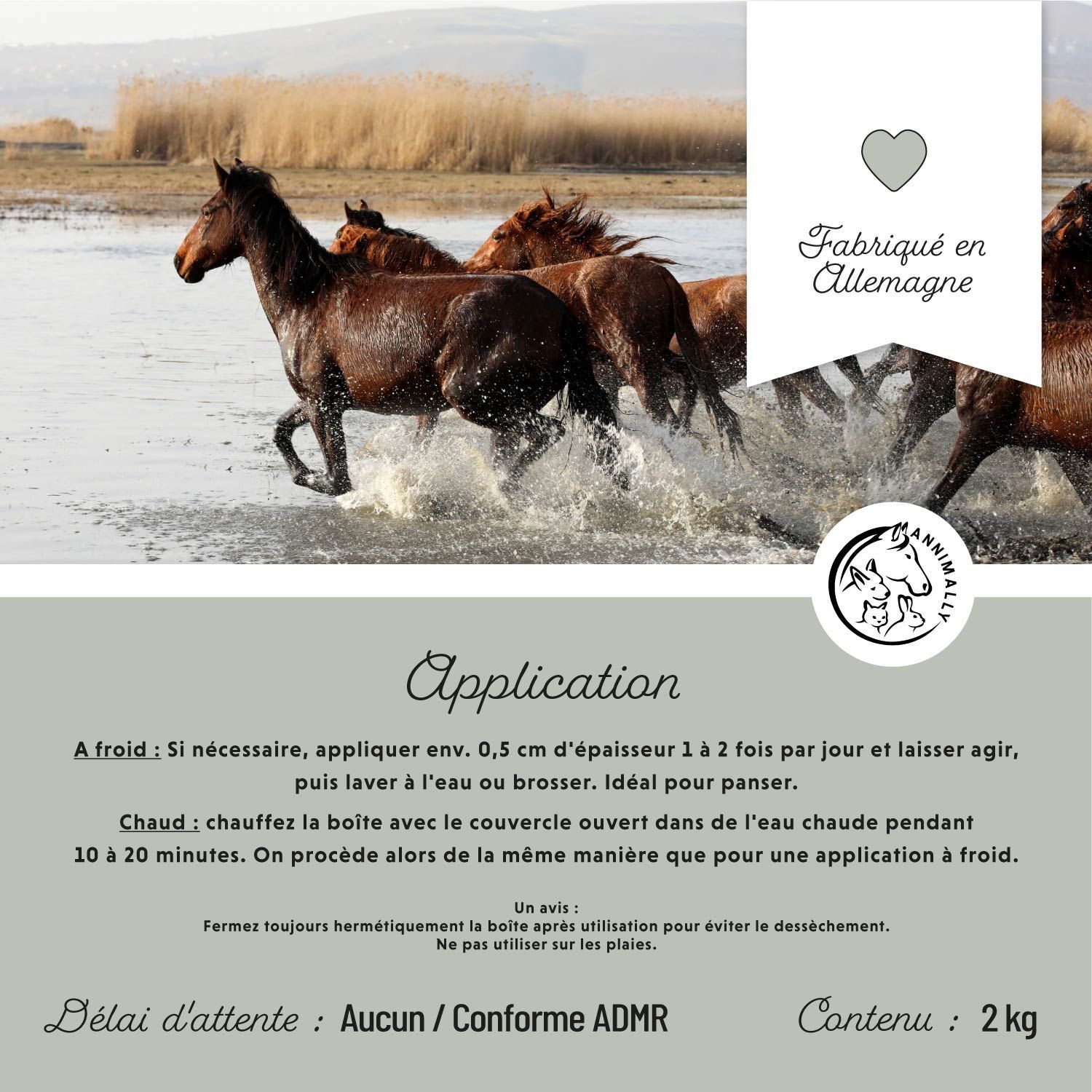 Chevaux dans l'eau. Texte : Application. Texte sur l'application froide et chaude. Logo Annimally. 2 kg.