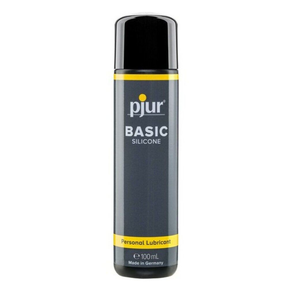 Cilindrische fles met zwarte dop. Gele accenten en productnaam. Opschrift: pjur BASIC SILICONE PERSONAL LUBRICANT.