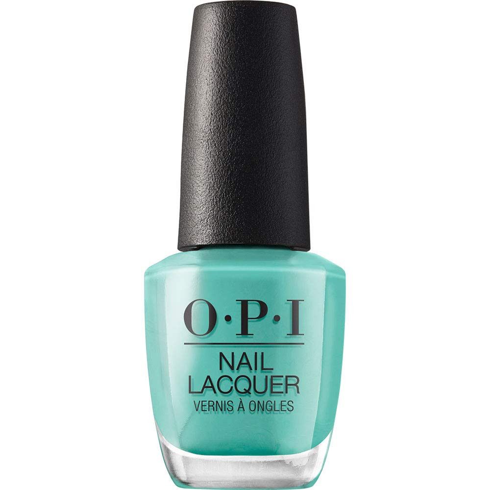 Flesje turquoise nagellak met zwarte dop. Opschrift: OPI, Nail Lacquer.