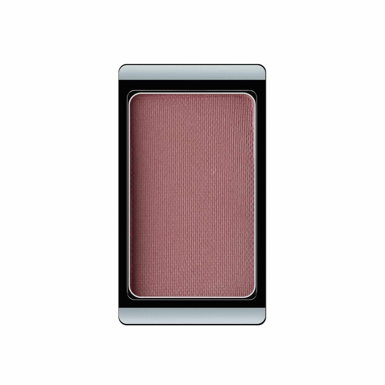 Rechthoekige oogschaduwdoos met roze inhoud. Zwart frame, zilveren rand.