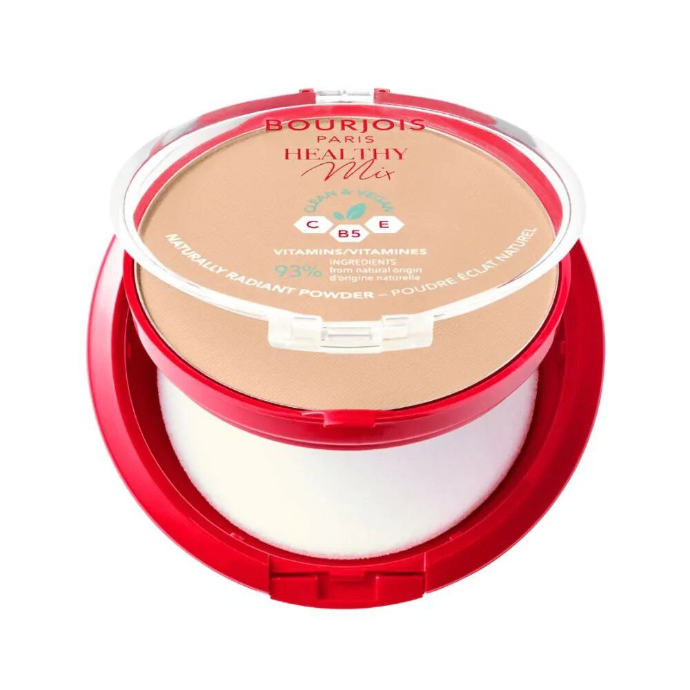 Boîtier rond rouge avec couvercle transparent. Contient une poudre beige clair et une éponge blanche. Inscription : Bourjois Healthy Mix.