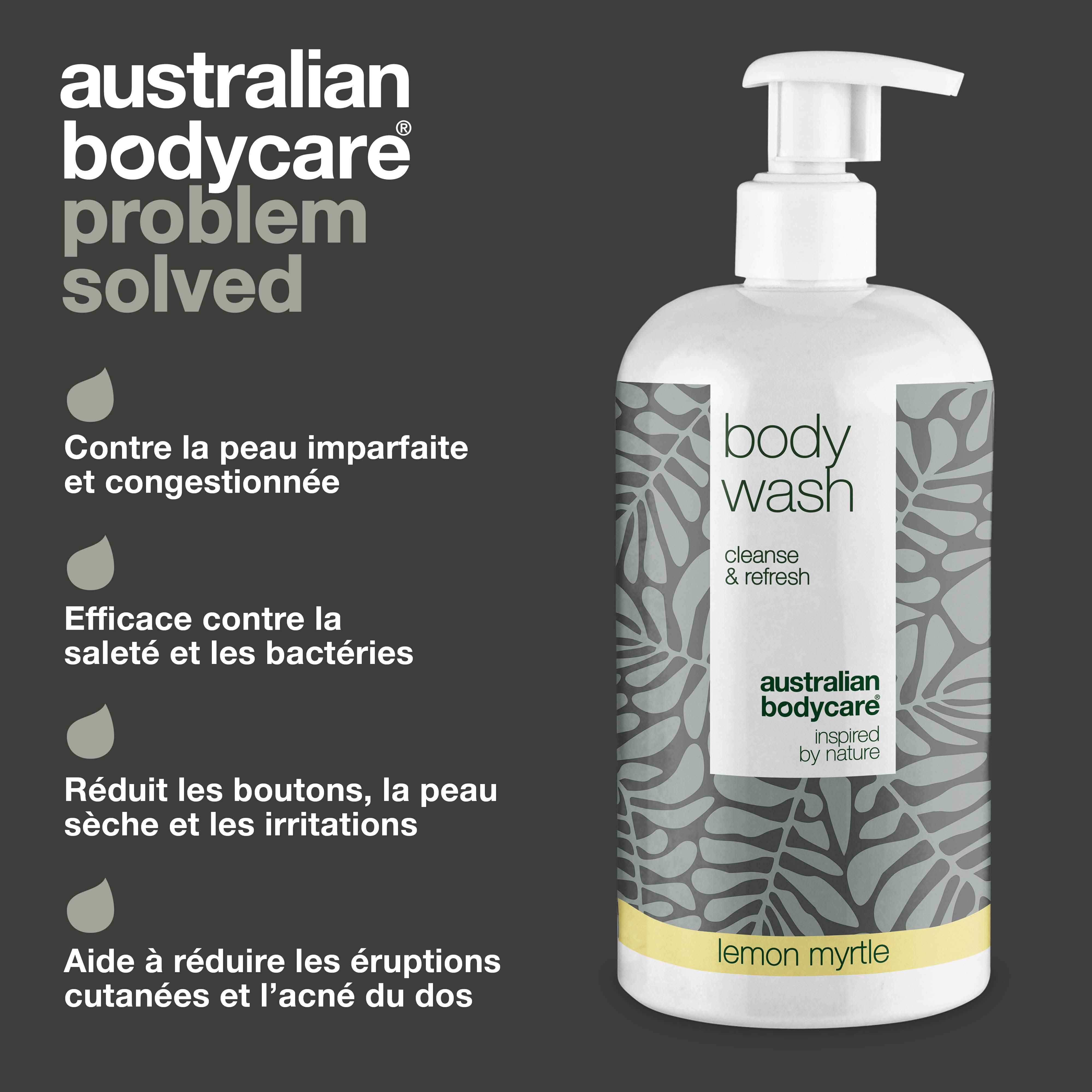 Flacon de Body Wash avec pompe. Texte : contre la peau imparfaite, efficace contre la saleté, réduit les boutons, aide à réduire l'acné.