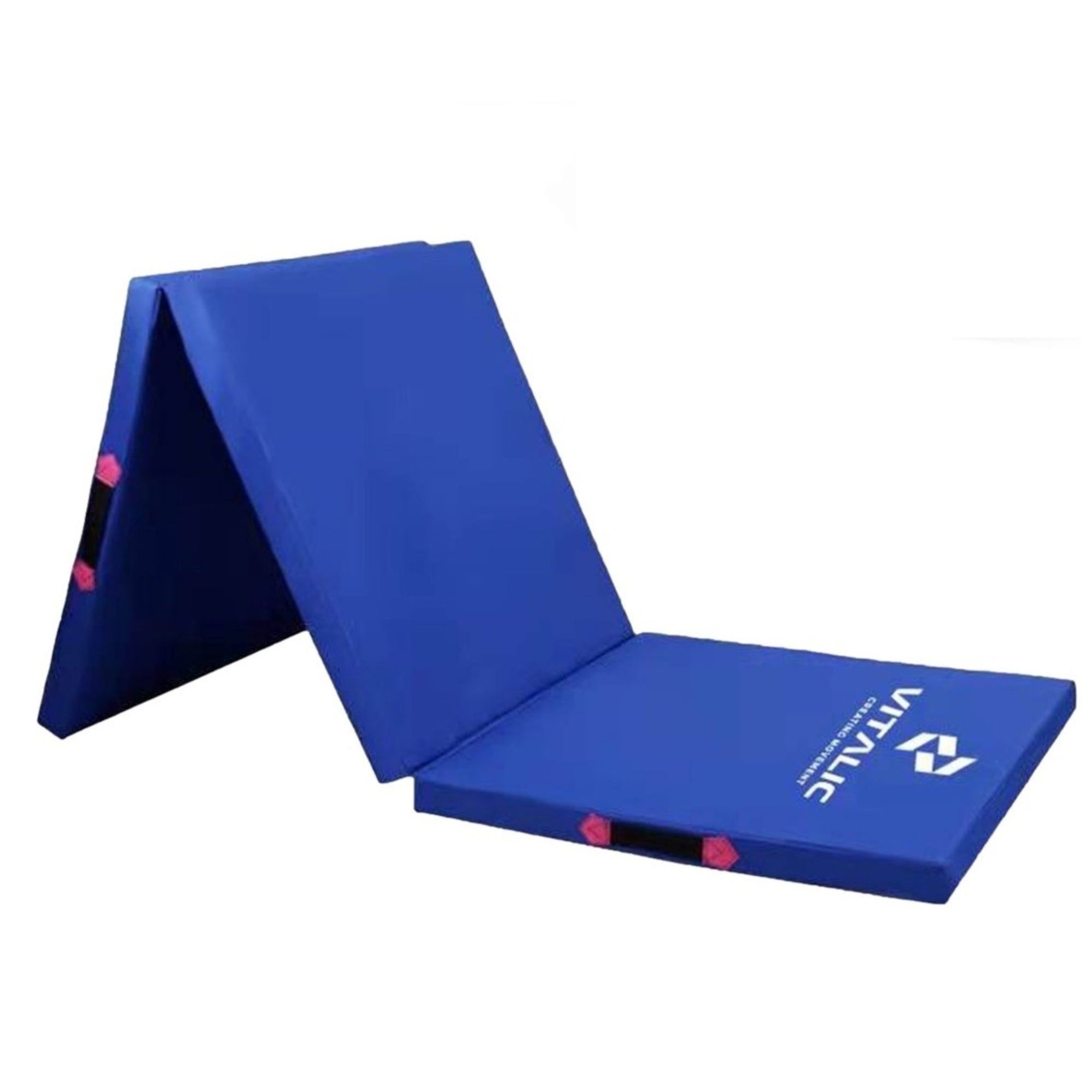Blauw opvouwbaar gymnastiekmat. Met draagriemen en logo. Gevouwen in drie delen.