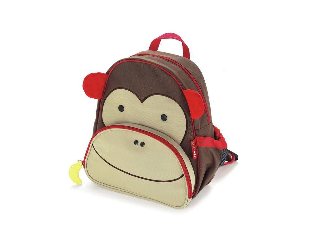 Apenrugzak. Bruin, rood en beige. Met oren, ogen en mond. Ritssluiting en handvat.