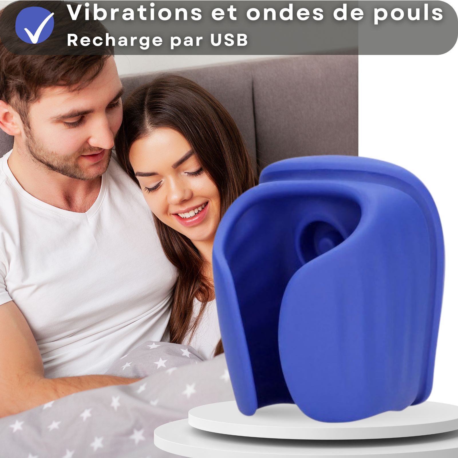Produit bleu avec texte. Vibrations, chargement USB. Couple au lit.