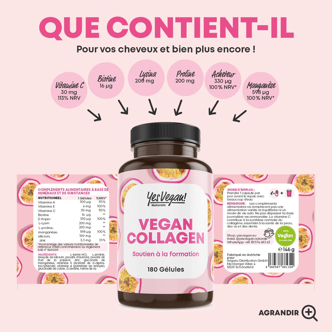 Informations produit "Ce qu'il contient" pour "Vegan Collagen": ingrédients et valeurs nutritionnelles.
