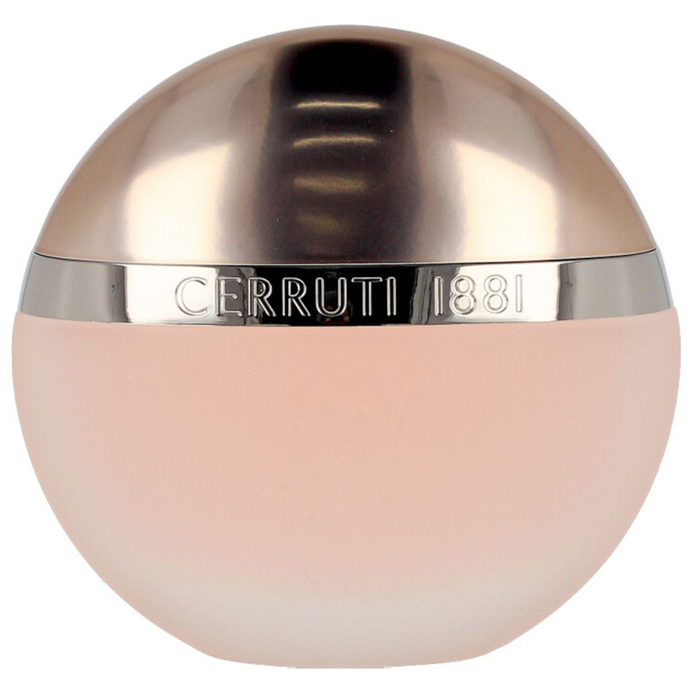 Ronde flacon met roze vloeistof, zilveren ring en roze dop. Cerruti 1881.