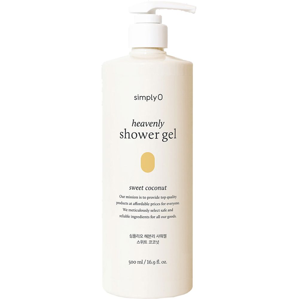 Flacon beige avec pompe. Inscription: SIMPLYO Heavenly Shower Gel, sweet coconut. 500 ml/16.9 fl. oz. Graphique ovale jaune.