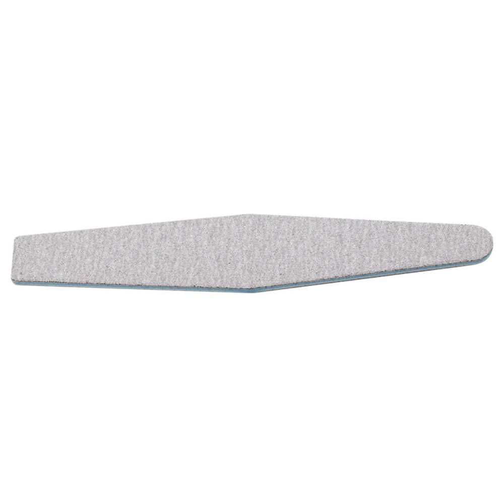 Grijze nagelvijl met blauwe randen. Langwerpige vorm met afgeronde uiteinden. Schurende oppervlakte.