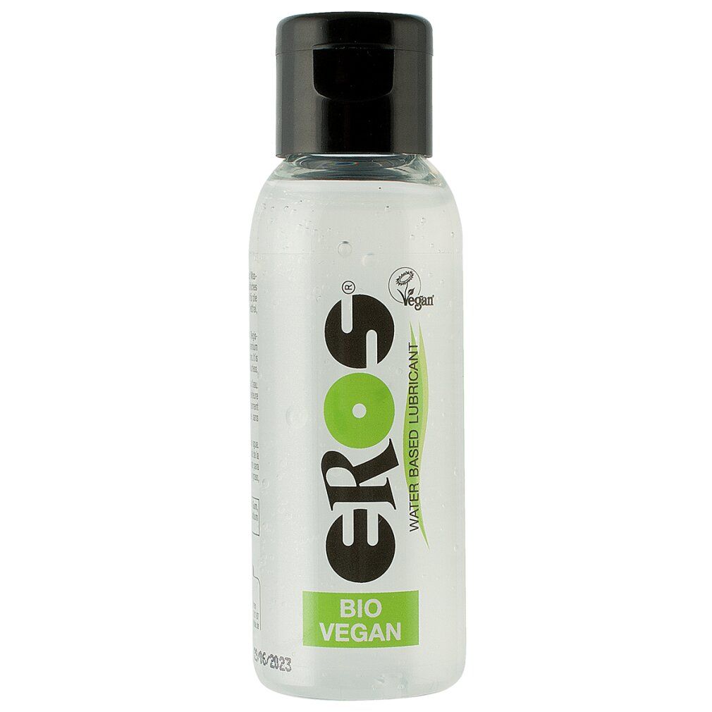 Flacon transparent avec bouchon noir. Inscription EROS, BIO VEGAN. Label Vegan.