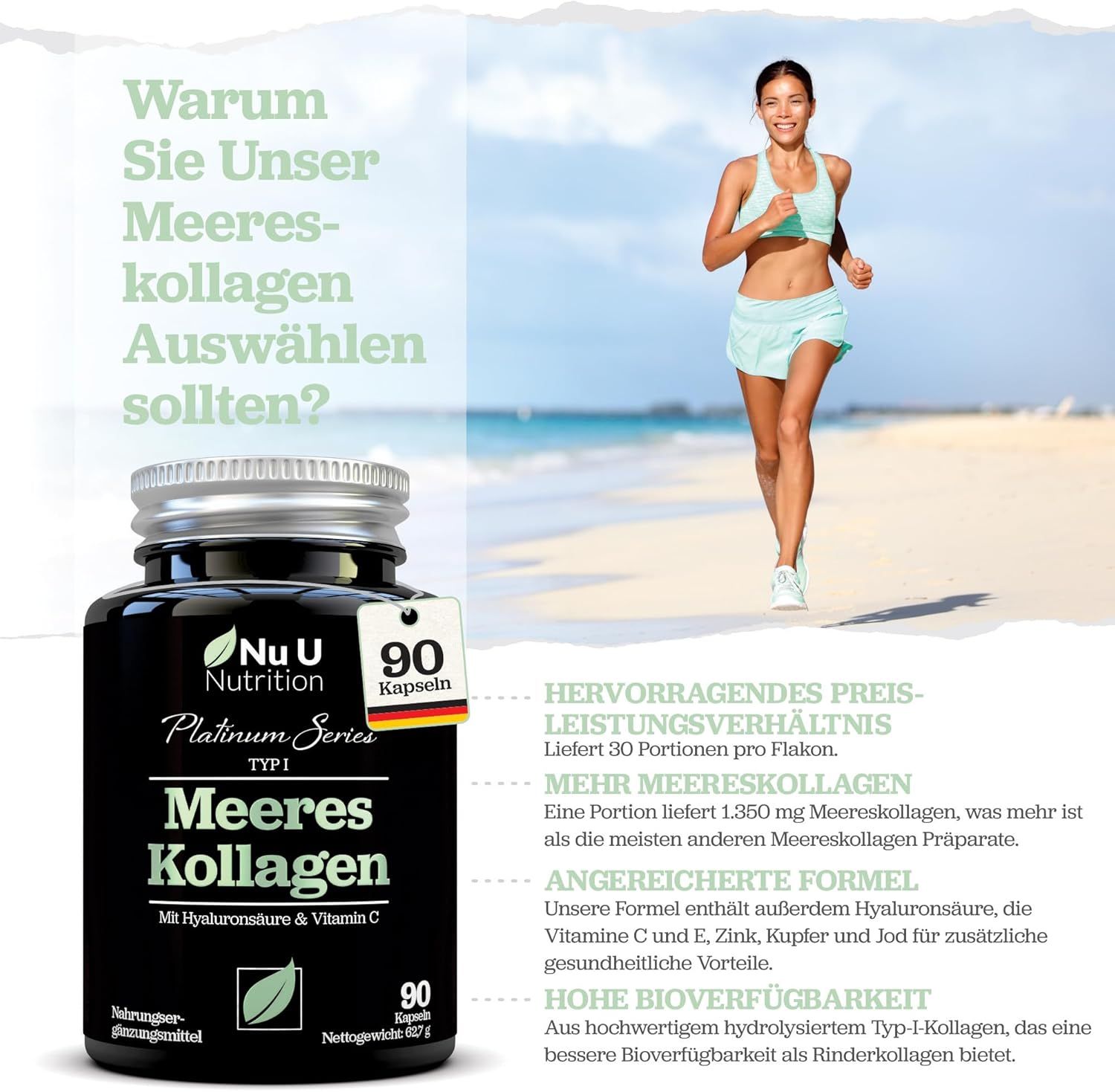 Flacon noir avec capsules. Inscription : Nu U Nutrition, Meeres Kollagen, Type I, avec acide hyaluronique et vitamine C. 90 gélules.