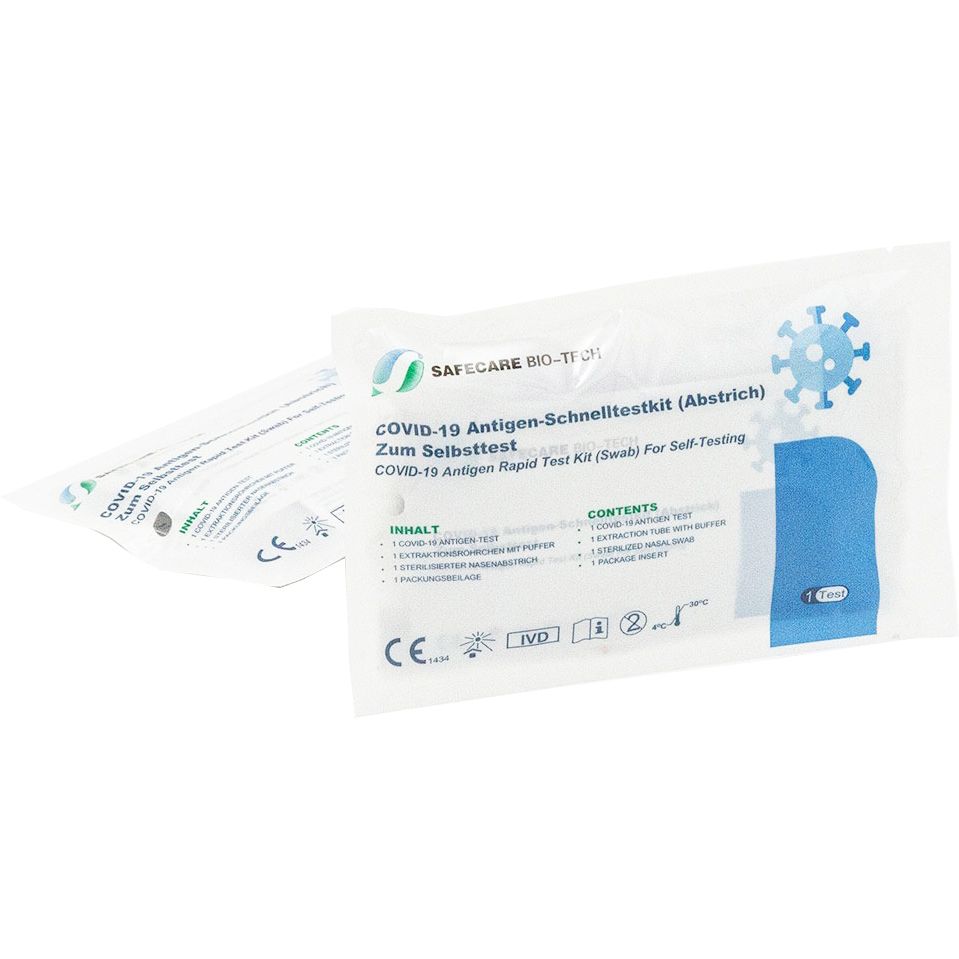 Deux kits de test rapide antigénique Safecare Bio-Tech Covid-19. Emballage individuel avec test, tube, écouvillon et notice. CE 1434.