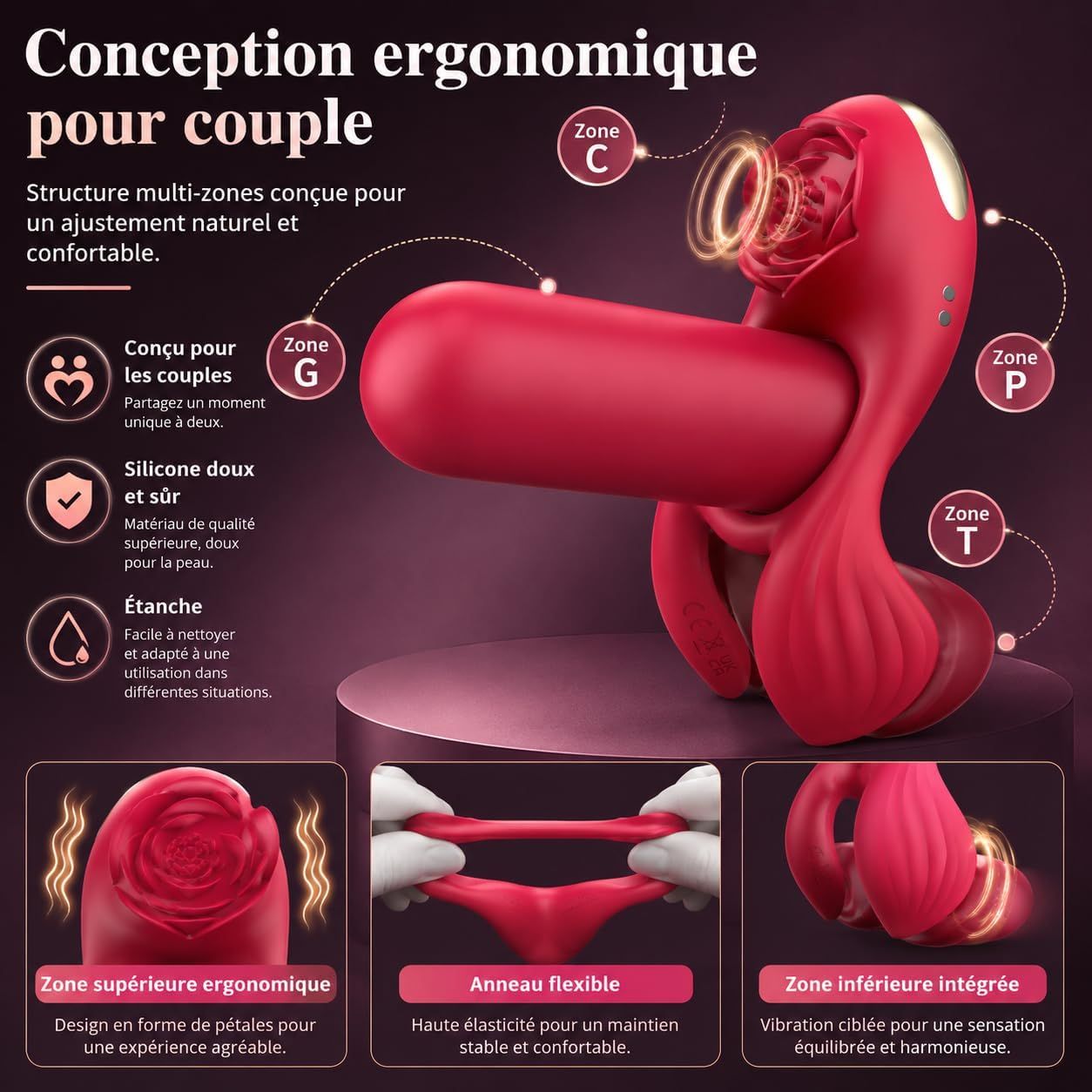 Structure vibrante ergonomique rouge en forme de pétale avec anneau flexible. Zones multiples pour couples.