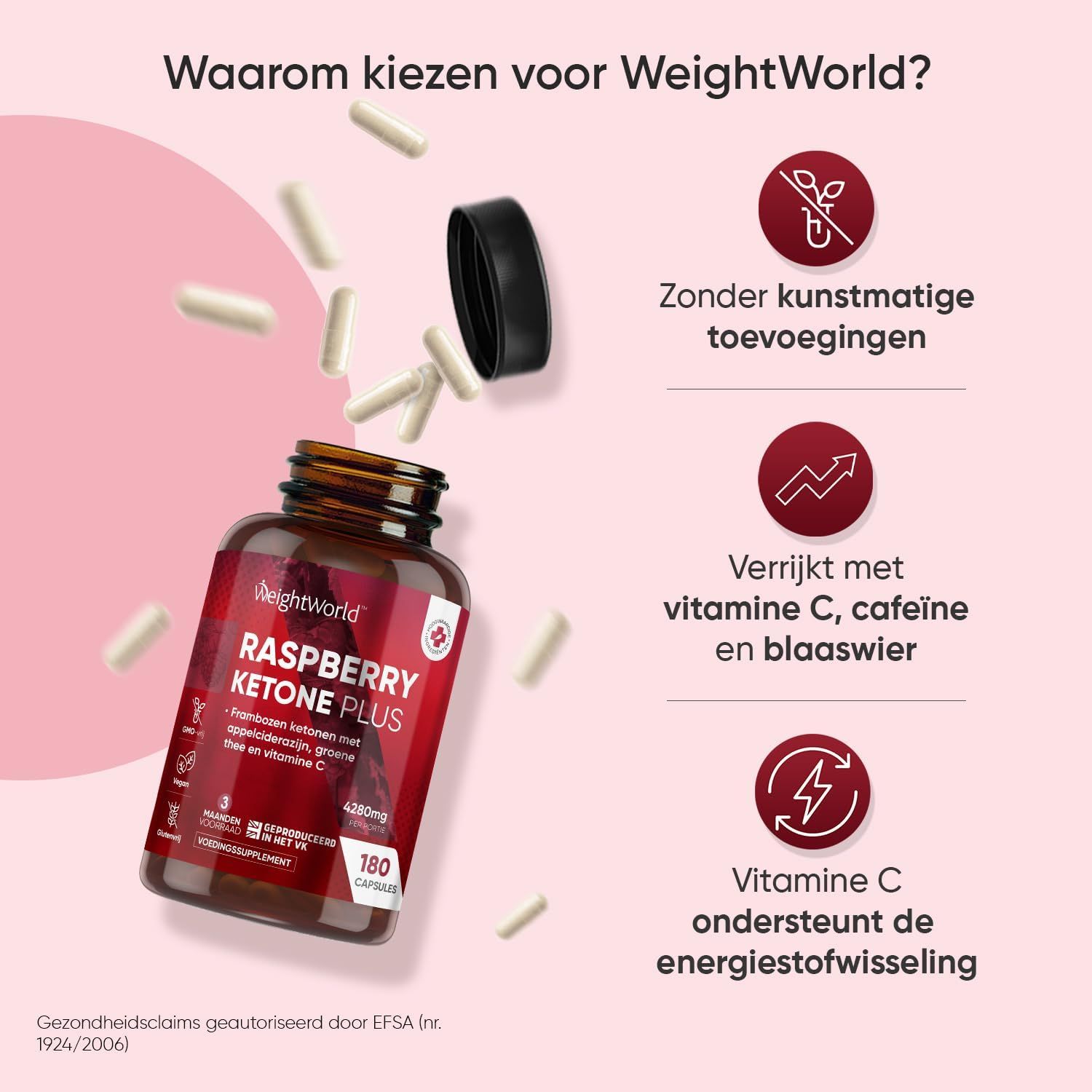 Fles Framboos Keton Plus met iconen: Zonder kunstmatige toevoegingen, met Vitamine C, cafeïne en blaaswier. Vitamine C ondersteunt energiestofwisseling.