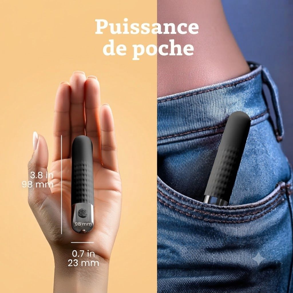 Vibrateur noir dans une main, 98 mm de long, 23 mm de diamètre. Se glisse dans une poche de jean.