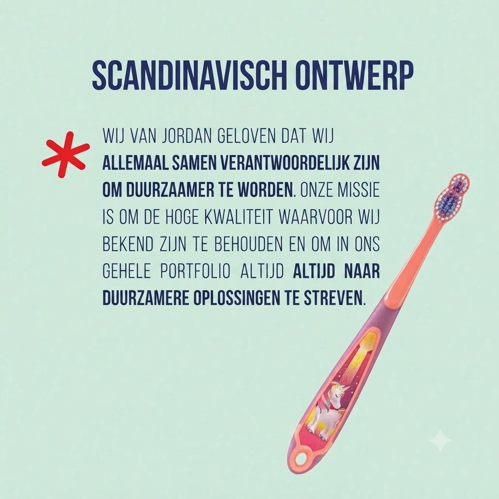Tandenborstel met eenhoorn design, oranje handvat en blauwe borstels.