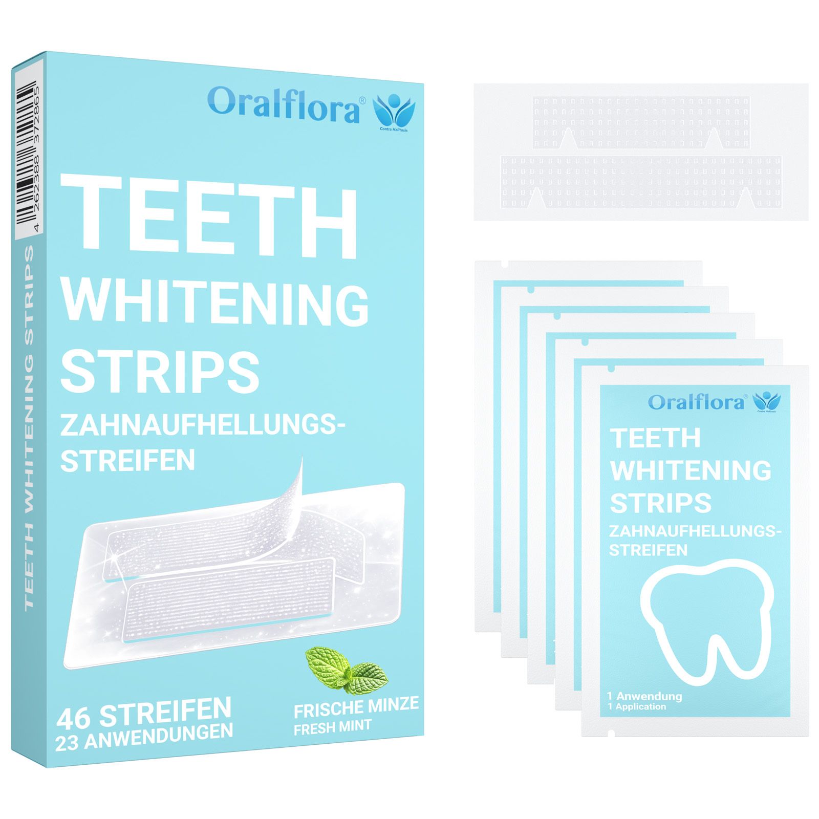 Boîte et sachets individuels de bandes blanchissantes. Inscription : Teeth Whitening Strips, 46 bandes, Fresh Mint.