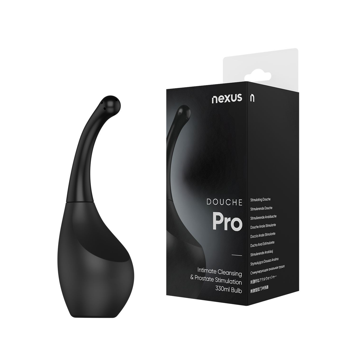 Zwarte Nexus Douche Pro met verpakking. De verpakking toont het product en de tekst "Douche Pro".