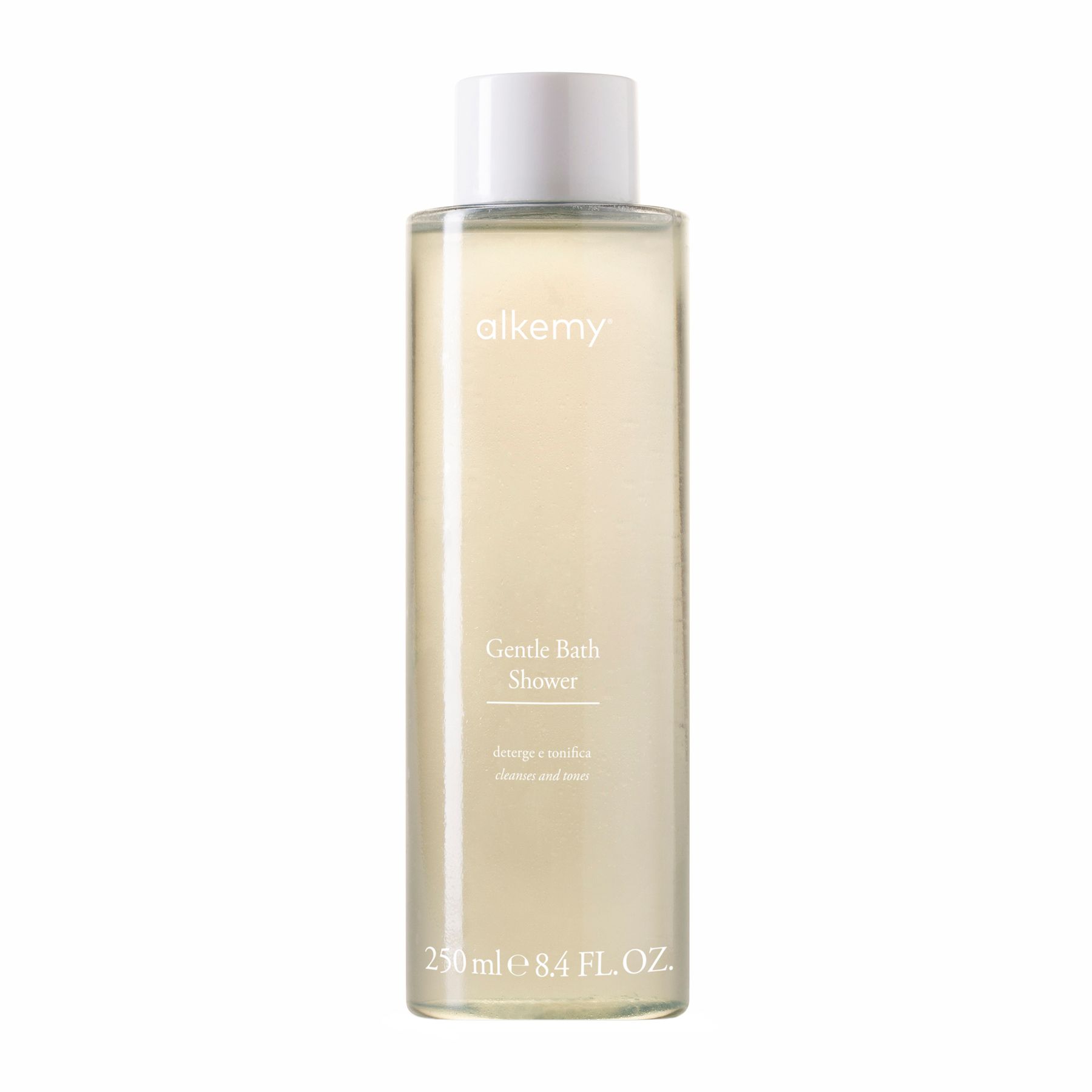 Gel douche Alkemy dans une bouteille transparente avec bouchon blanc, 250ml.