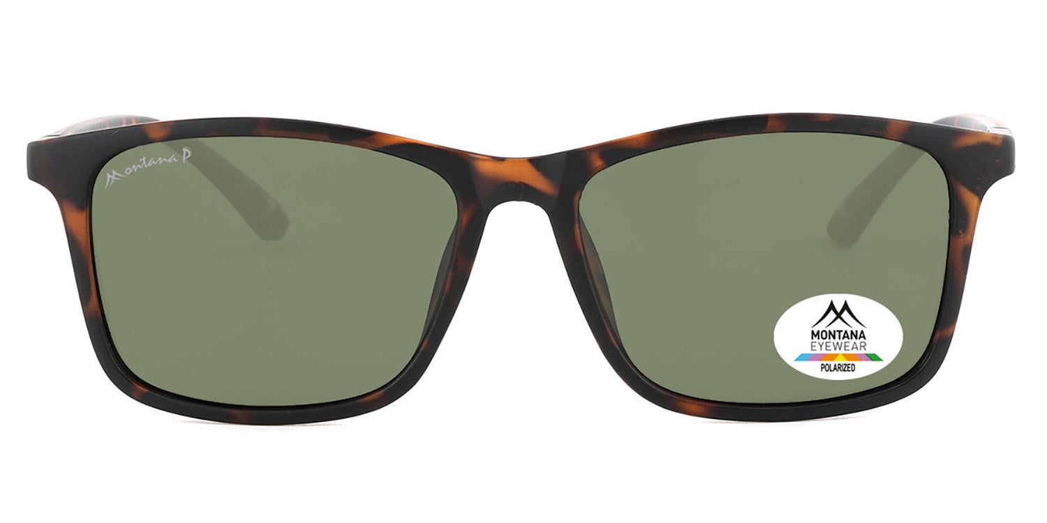 Lunettes de soleil avec monture marron et verres verts. Un autocollant sur un verre indique "Polarized" et un logo.