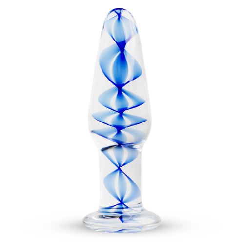 Plug anal en verre avec motif spiralé bleu. Forme conique et base large.