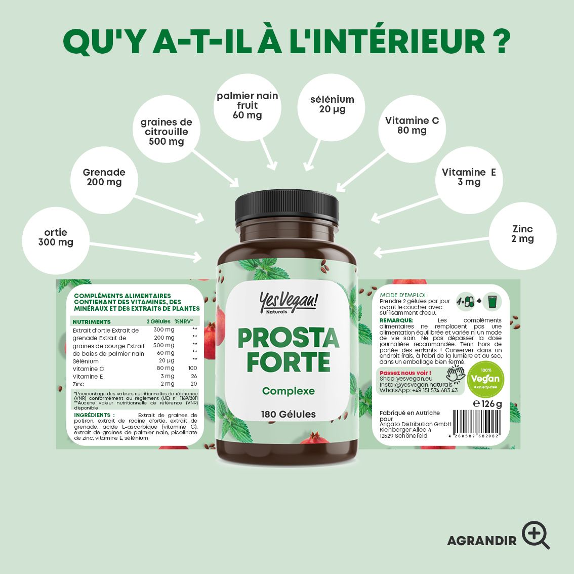 Boîte Prosta Forte Komplex de 180 gélules avec un sceau vegan et deux gélules.