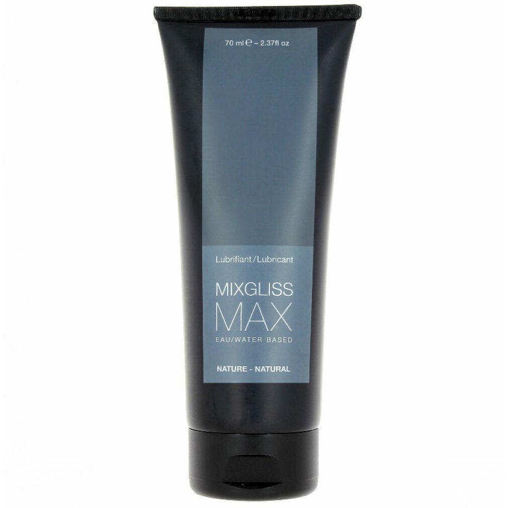 Zwarte tube glijmiddel, met opschrift "MIXGLISS MAX" en "WATER BASED".