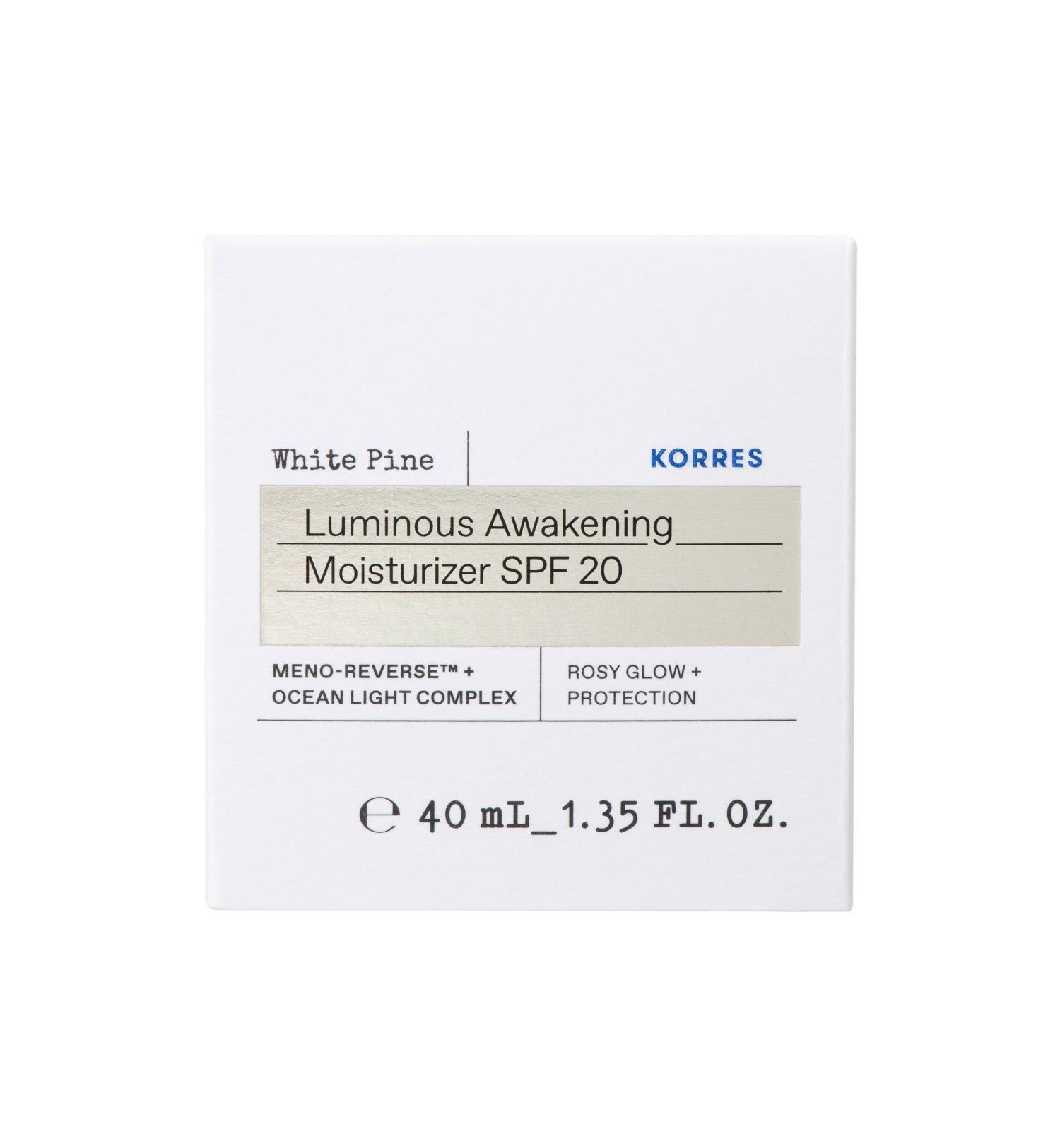 Witte verpakking met productinformatie. Opschrift: KORRES, White Pine, Luminous Awakening Moisturizer SPF 20. Onder: 40 ml.