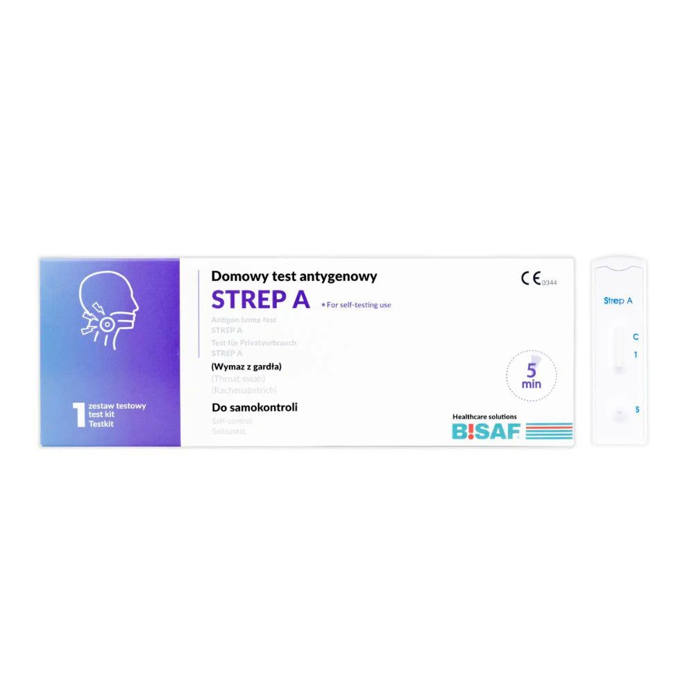 Strep A testkit. Bevat teststrip en verpakking met productinfo. Opschrift: STREP A, BISAF, CE-markering. Voor zelftest.