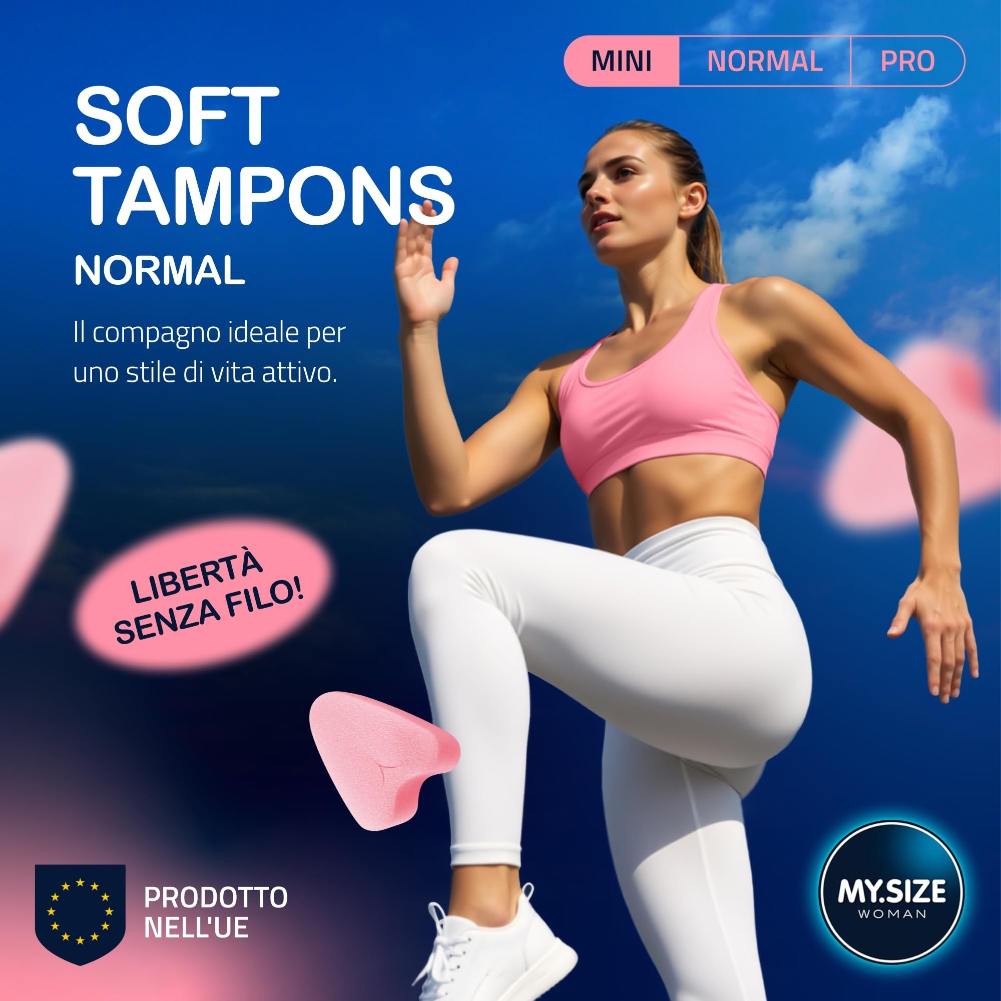 Vrouw aan het sporten met MY.SIZE Woman Soft Tampons Mini. Productafbeeldingen en iconen voor zwemmen, sport, spa, liefde.