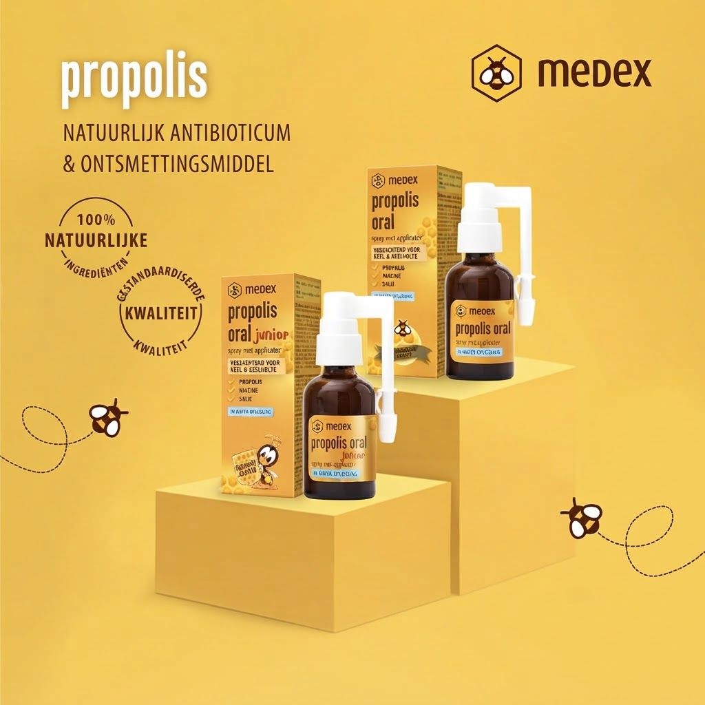 Medex Propolis keelspray en doos, op waterbasis, met bijenmotief.