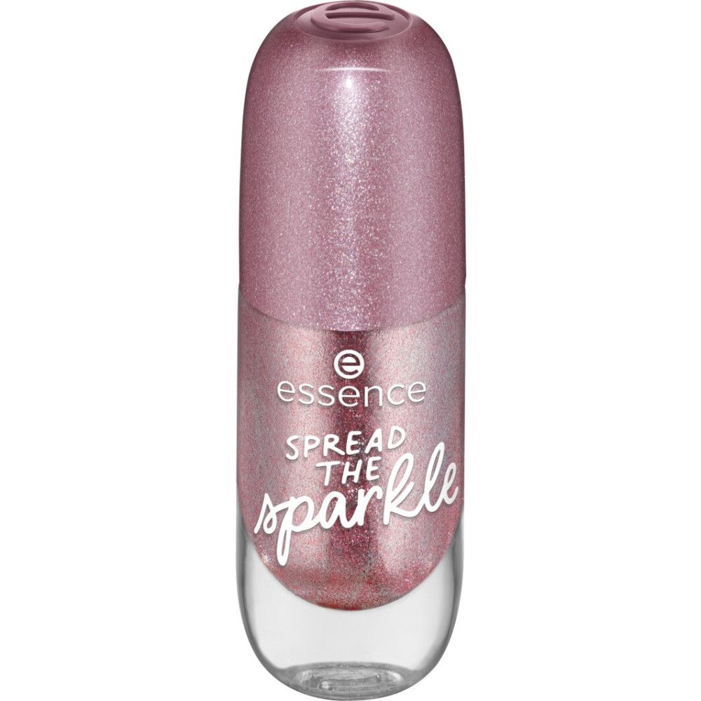 Flacon de vernis à ongles fermé. Vernis à ongles rose pailleté. Inscription "Spread the sparkle".