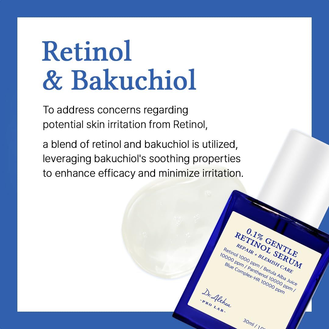 Texte : Rétinol & Bakuchiol. Décrit les bienfaits du rétinol et du bakuchiol pour la peau.