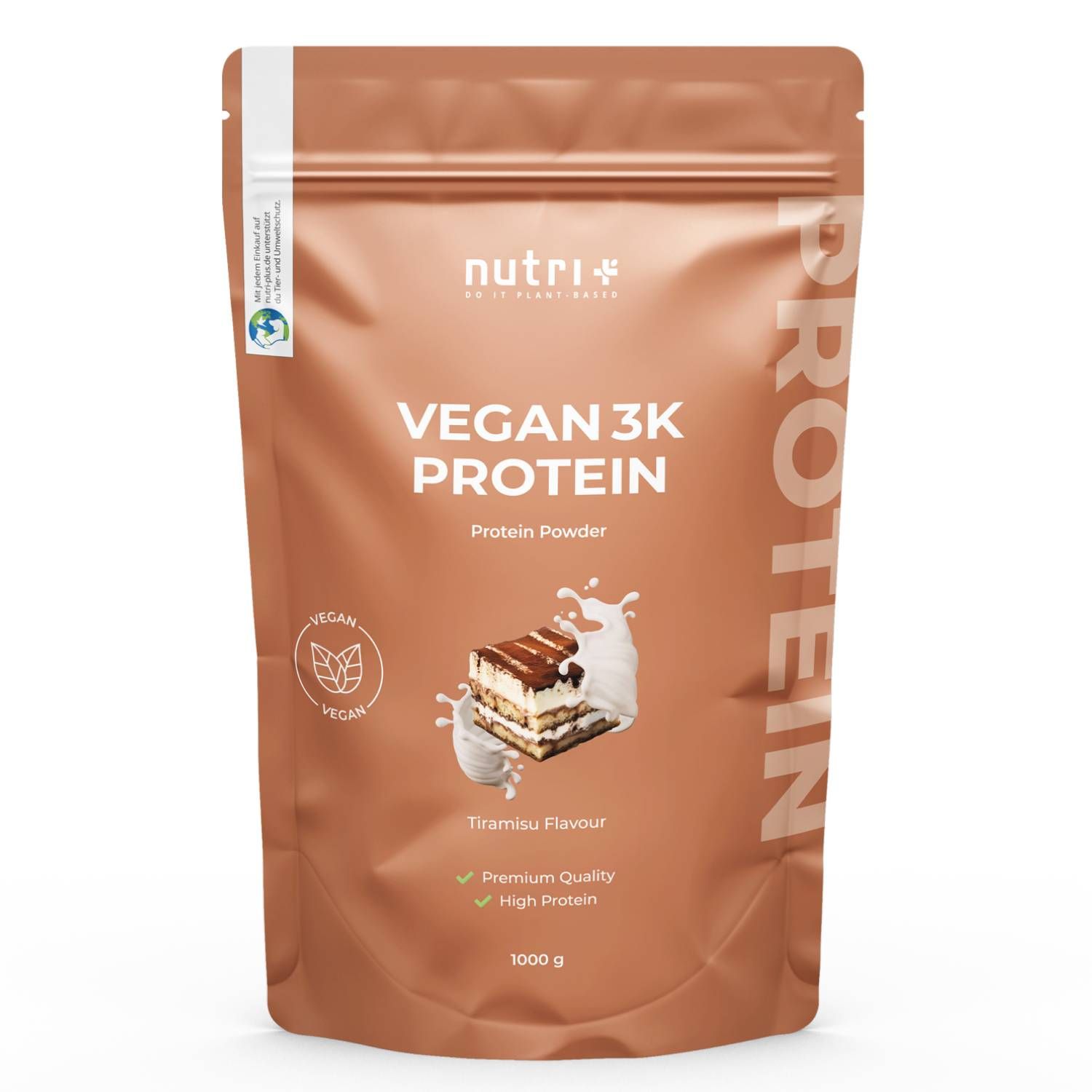 Bruine zak nutri+ Vegan 3K Protein. Illustratie van tiramisu. Opschrift Tiramisu Flavour. 1000 g.
