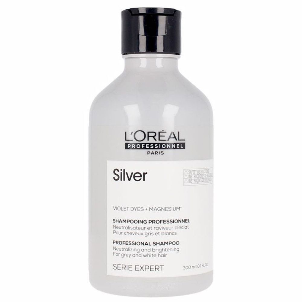 Flacon de shampooing argenté avec bouchon noir. Texte : Silver, L'Oréal Professionnel. Série Expert. 300 ml.