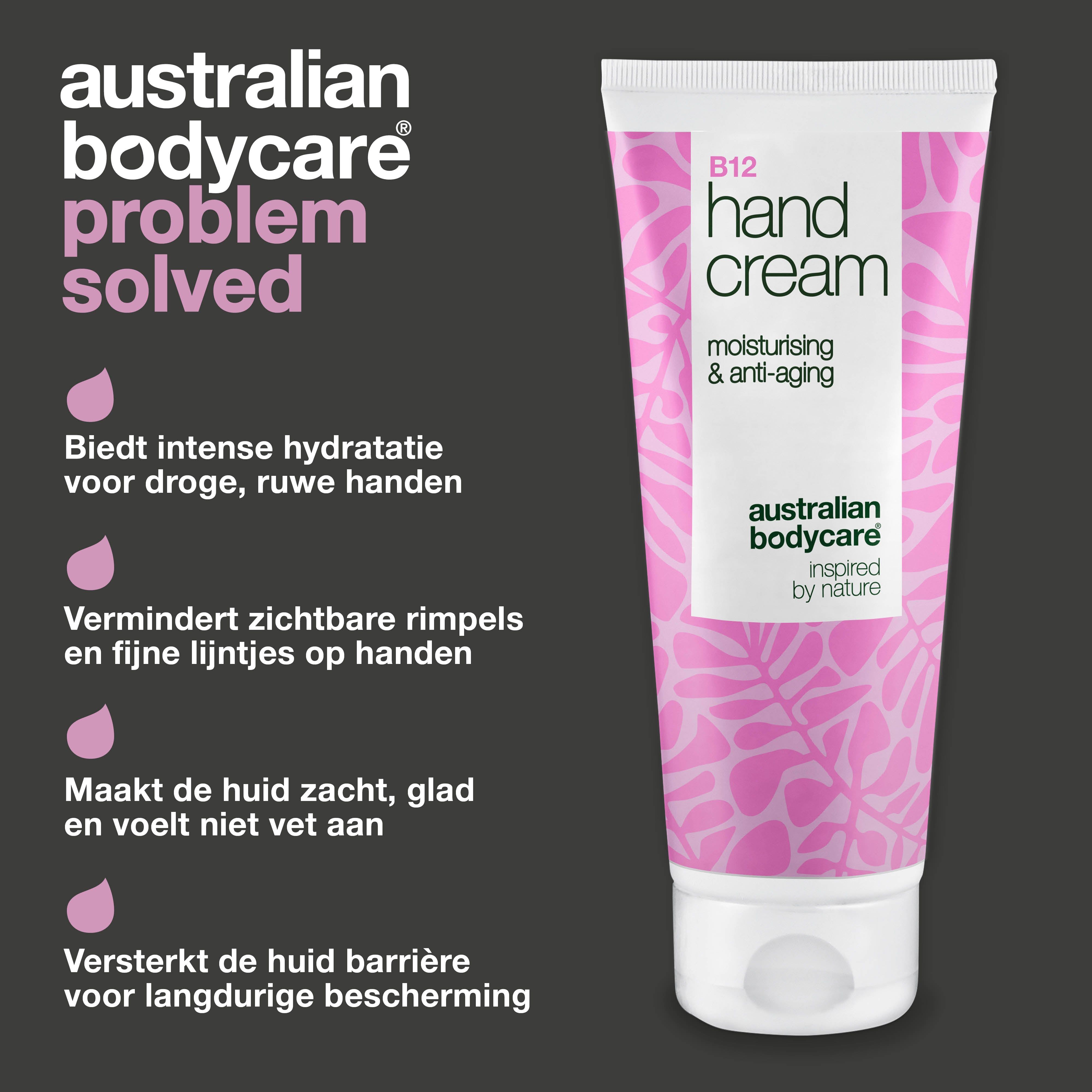 Handcrème B12, hydraterend en anti-aging. Roze design met bladeren. Merk: Australian Bodycare. Tekst: Probleem opgelost.