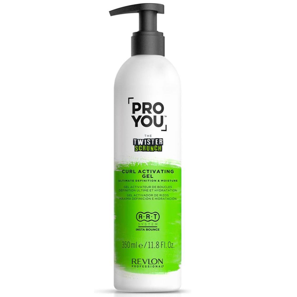 Flacon blanc avec pompe noire. Inscription: Pro You The Twister Scrunch Curl Activator Gel. Détails verts. 350ml.