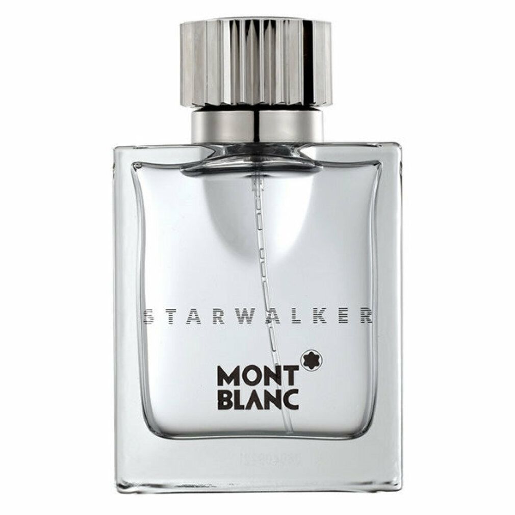 Flacon Montblanc Starwalker Eau de Toilette. Flacon en verre rectangulaire avec bouchon argenté. Inscription Starwalker et Montblanc.