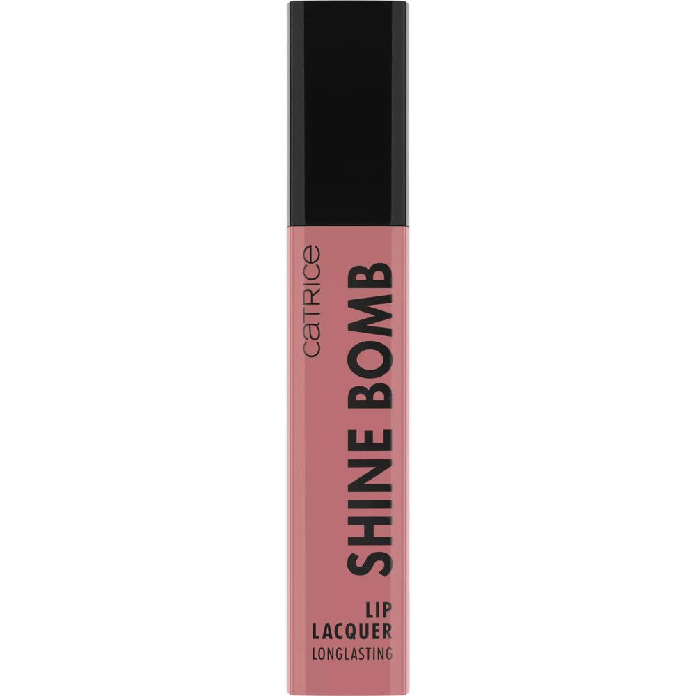 Catrice Shine Bomb Lip Lacquer. Rouge à lèvres liquide rose dans un emballage rectangulaire avec un bouchon noir. Nom du produit et marque visibles.