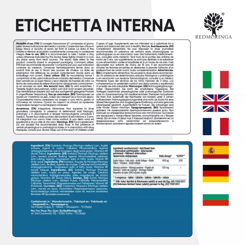 Ingrédients et instructions d'utilisation. Drapeaux d'Italie, Royaume-Uni, France, Espagne, Allemagne, Portugal.